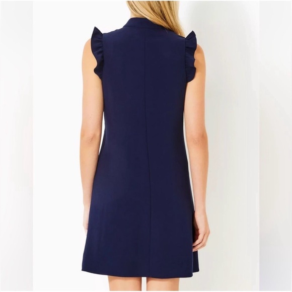 Lilly Pulitzer Adalee Ruffle Shirt Dress True Navy Pearl Embellishments Size 00 - Picture 3 of 14
